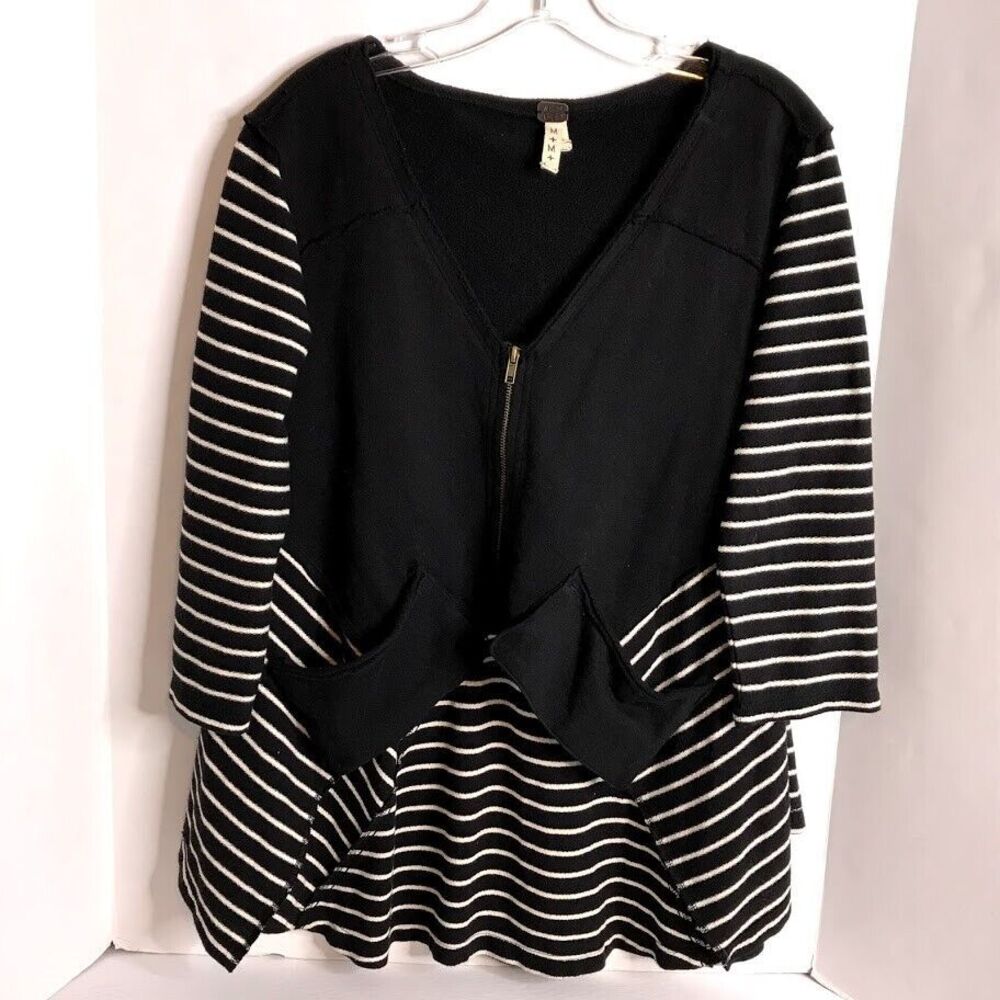 Free People We the Free Zipper Front Black White Striped Cotton Jacket Top M